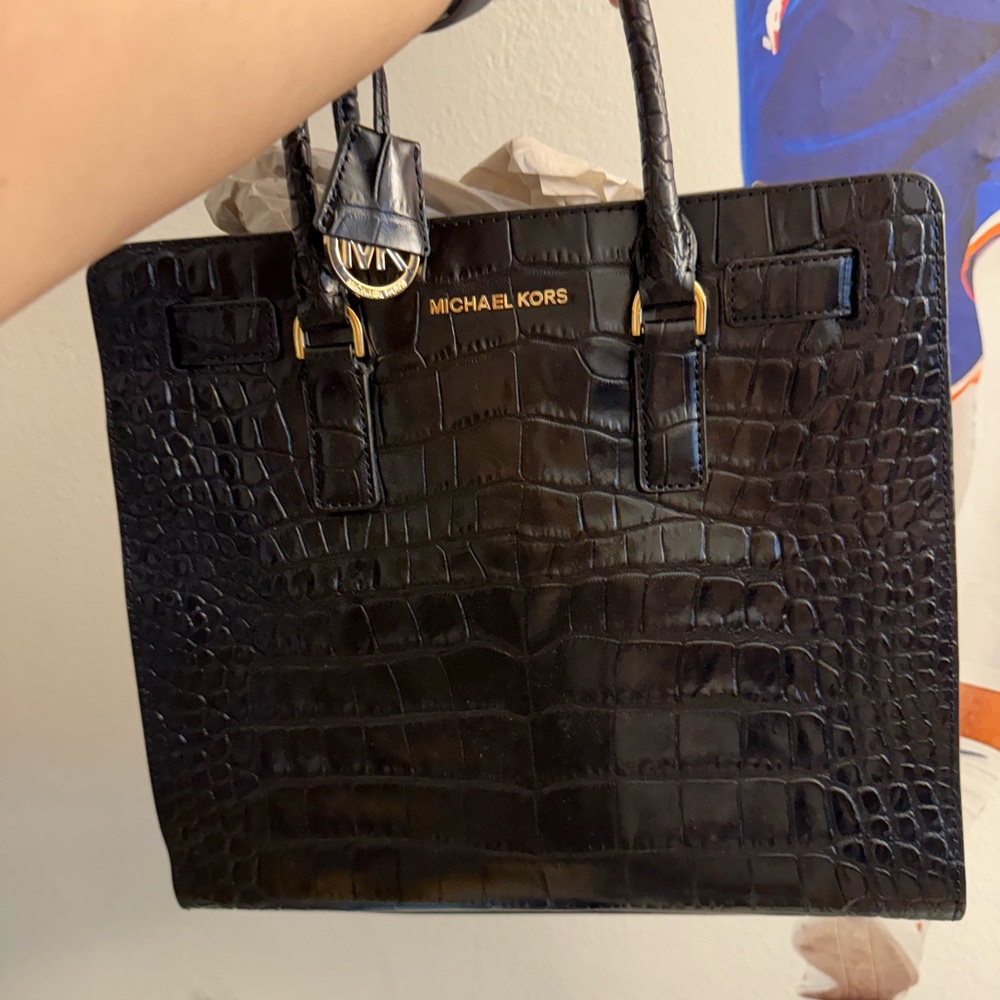 Michael Kors Black Croc-Embossed Handbag with Gold Details